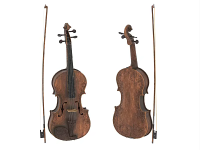 Two Vintage Wooden Violins with Bows Classic Musical Instruments Display Artwork 3d model