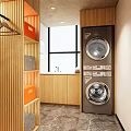 Modern Laundry Room Interior With Stacked Washing Machine Dryer And Wooden Cabinets