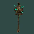 Ornate Mythical Weapon With Wooden Handle Green Decorative Spikes And Metallic Top Structure