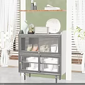 Black Sideboard With Glass Doors And Plates Bowls On Decorative Shelf In Modern Living Room