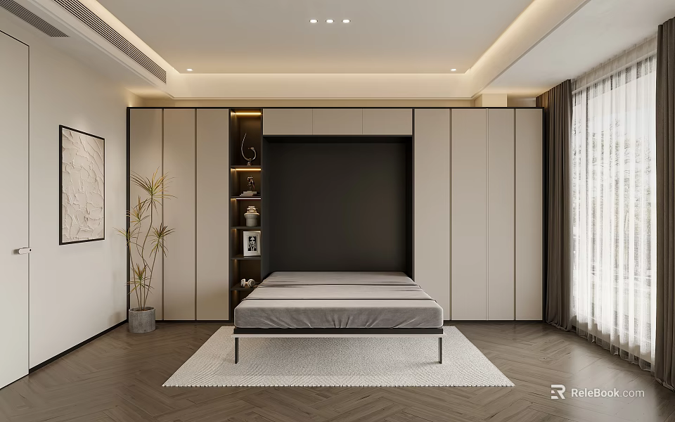 Modern Bedroom Interior With Platform Bed Herringbone Flooring Green Plant And Decorative Painting 3d model 