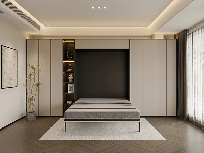 Modern Bedroom Interior With Platform Bed Herringbone Flooring Green Plant And Decorative Painting 3d model
