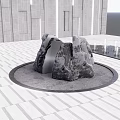 Modern Garden Ornament With Rock Sculpture On Circular Base Stone Tile Floor And Water Feature
