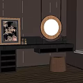 Modern Dressing Table With Round Wooden Frame Mirror Storage Drawers Brown Stool And Decorative Painting