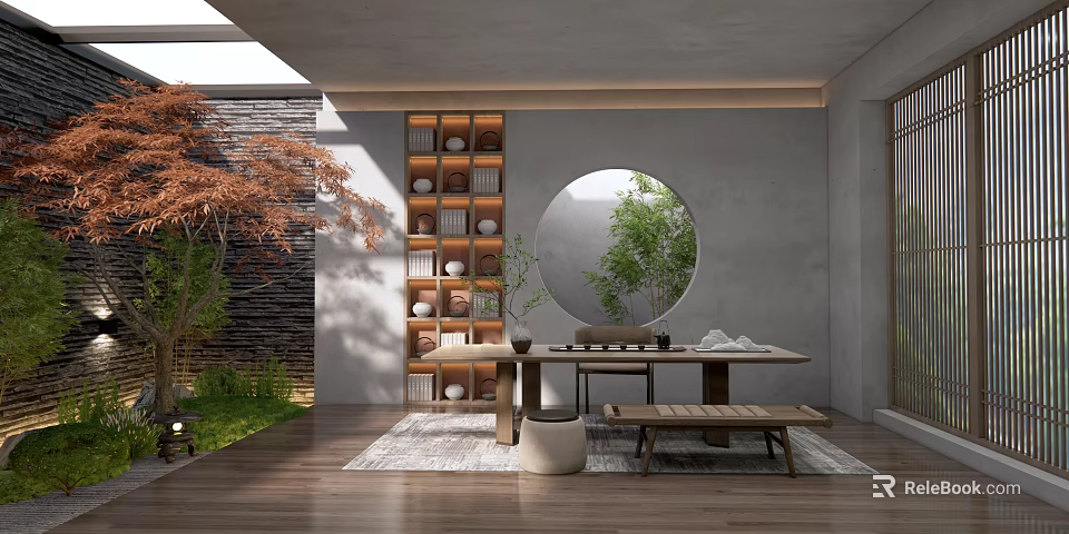Modern Tea Room With Wooden Table Bench Round Mirror Green Plants And Red Maple 3d model 