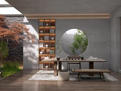 Modern Tea Room With Wooden Table Bench Round Mirror Green Plants And Red Maple 3d model