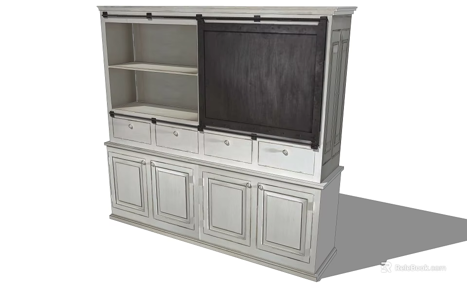 Modern Silver Bookcase Design With Open Shelves Central Dark Panel Drawers And Cabinet Doors 3d model 
