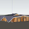 Modern Architectural Building With Unique Sloped Roof Glass Facade And Wooden Structure Surrounded By Trees