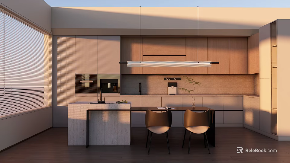 Modern Restaurant Kitchen Interior With Island Counter Pendant Lights Dining Chairs And Natural Light 3d model 