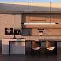 Modern Restaurant Kitchen Interior With Island Counter Pendant Lights Dining Chairs And Natural Light