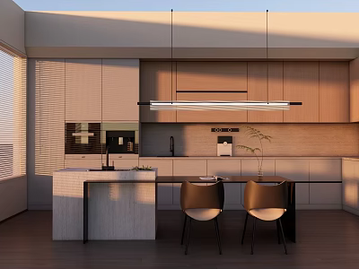 Modern Restaurant Kitchen Interior With Island Counter Pendant Lights Dining Chairs And Natural Light 3d model