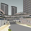 Modern Commercial Street Featuring Glass Facade Multi Level Design Open Space And Green Trees