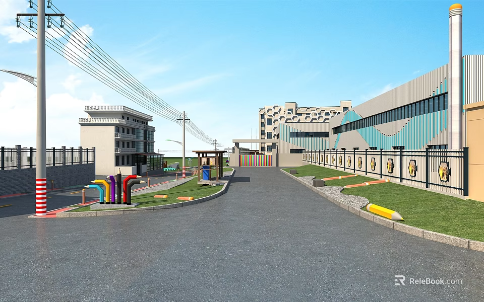Park Landscape with Wide Road Green Lawns Colorful Play Structures and Surrounding Buildings 3d model 