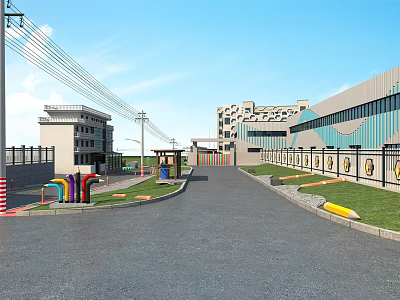 Park Landscape with Wide Road Green Lawns Colorful Play Structures and Surrounding Buildings 3d model