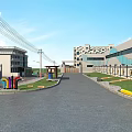Park Landscape with Wide Road Green Lawns Colorful Play Structures and Surrounding Buildings