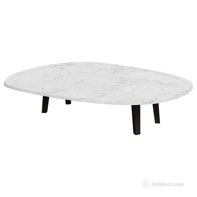 Modern Oval Coffee Table with White Marble Texture Surface and Black Legs 3d model