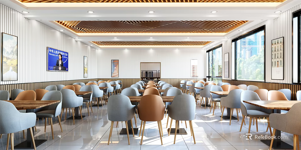 Modern Restaurant Interior With Wooden Ceiling Tables Chairs And Large Windows 3d model