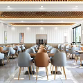 Modern Restaurant Interior With Wooden Ceiling Tables Chairs And Large Windows 3d model