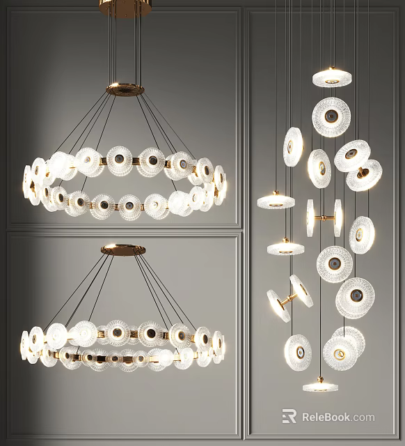 Modern Circular Glass Chandeliers With Metal Frames And Layered Hanging Discs 3d model 