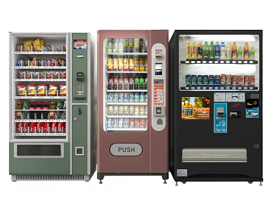 Green Pink and Black Vending Machines with Drinks and Snacks in Row 3d model