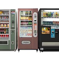 Green Pink and Black Vending Machines with Drinks and Snacks in Row