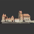 Medieval Castle Model Architecture with Red Roof Towers and Courtyard Design
