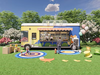Cute Stuffed Dolls On Colorful Mats Near Ice Cream Truck In Outdoor Lawn 3d model
