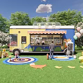 Cute Stuffed Dolls On Colorful Mats Near Ice Cream Truck In Outdoor Lawn