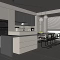 Modern Kitchen Interior With Gray Black Cabinets Island Counter Appliances Hanging Lights And Dining Chairs