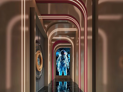 KTV Corridor Featuring Red And Gold Neon Lights Reflective Floor And Astronaut Decor 3d model