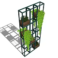 Hanging Basket Plants On Multi Tiered Metal Frame With Trailing Green Vines And Wooden Planters