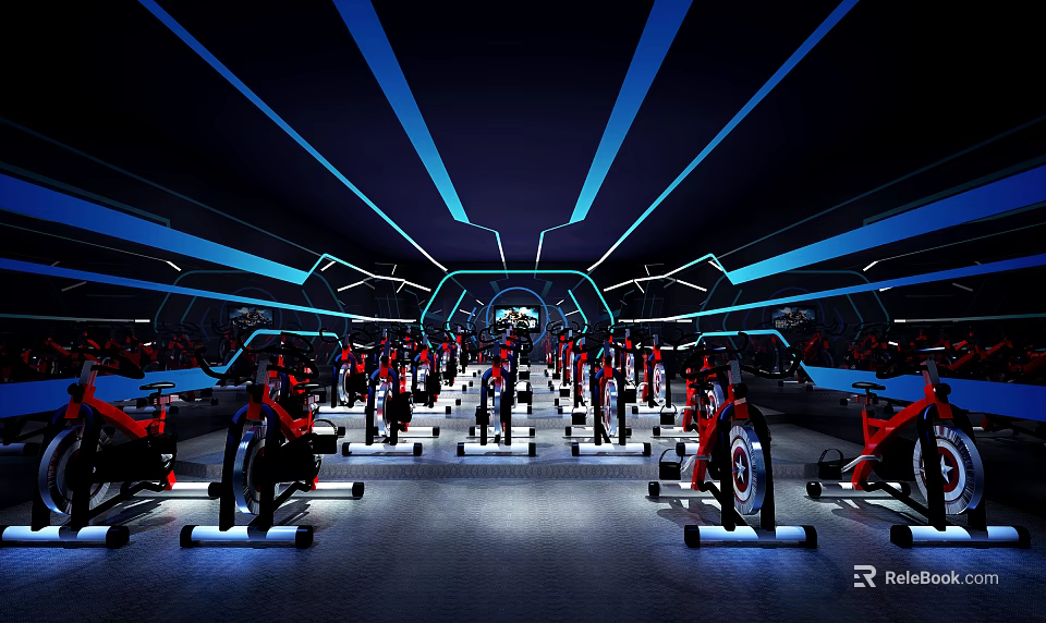 Modern Fitness Gym Interior Design With Indoor Cycling Bikes Blue Lighting And Neatly Arranged Equipment 3d model 