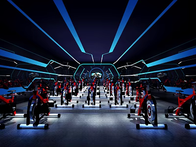 Modern Fitness Gym Interior Design With Indoor Cycling Bikes Blue Lighting And Neatly Arranged Equipment 3d model