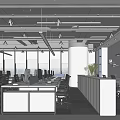 Modern Public Office Space Interior With Yellow Mesh Ceiling Office Desks Computers And Potted Plants