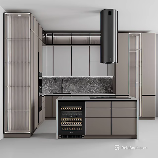 Modern Kitchen Interior With Cabinets Island Wine Cooler And Marble Countertop 3d model 