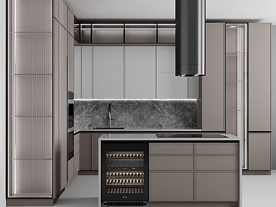 Modern Kitchen Interior With Cabinets Island Wine Cooler And Marble Countertop 3d model