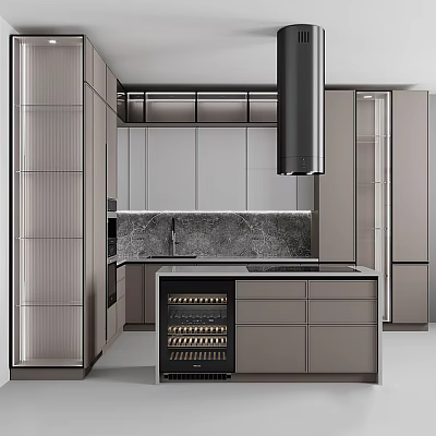 Modern Kitchen Interior With Cabinets Island Wine Cooler And Marble Countertop 3d model