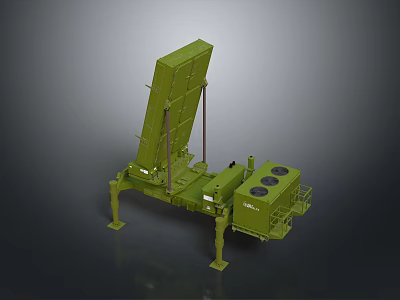 Green Military Radar Antenna System With Tilted Panel And Circular Base Components 3d model