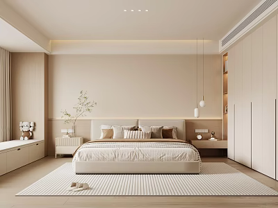 Minimalist Modern Bedroom Interior With Beige Bed Pillows Area Rug Wooden Floor And Wardrobe 3d model
