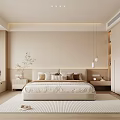 Minimalist Modern Bedroom Interior With Beige Bed Pillows Area Rug Wooden Floor And Wardrobe