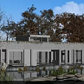 Modern Detached Villa With Concrete Exterior Surrounded By Trees Pond Stones And Green Plants