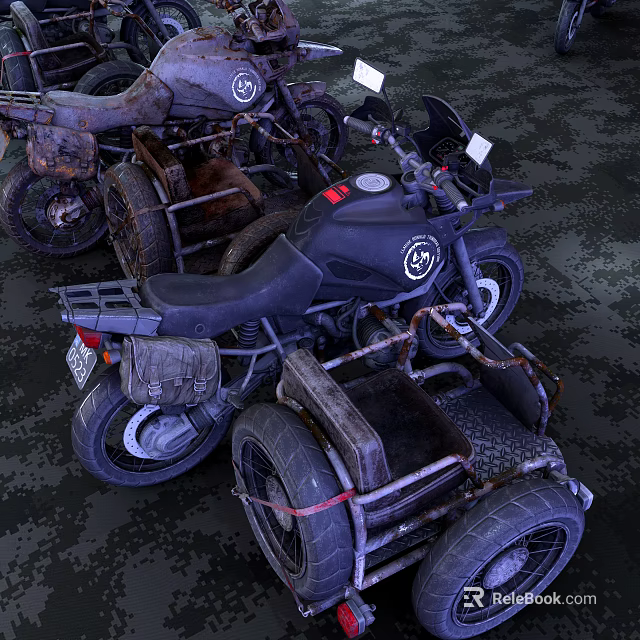 Old Three Wheeled Motorcycle With Rusty Parts And Sidecar Attachment 3d model 