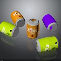 ZUK Colorful Beverage Cans In Orange Yellow And Purple Designs On Reflective Surface