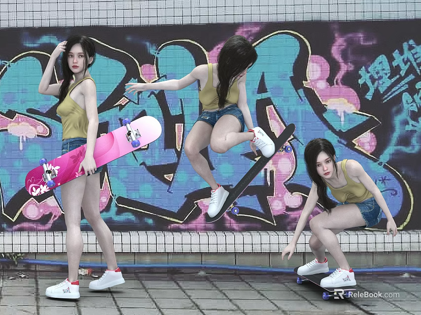 Stylish Women Skateboarding With Pink Skateboard Wearing Yellow Tank Tops Against Colorful Graffiti Wall 3d model 