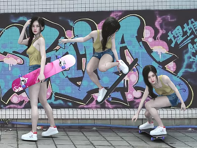 Stylish Women Skateboarding With Pink Skateboard Wearing Yellow Tank Tops Against Colorful Graffiti Wall 3d model