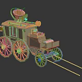 Vintage Wooden Carriage Model With Orange Wheels And Top Mounted Device