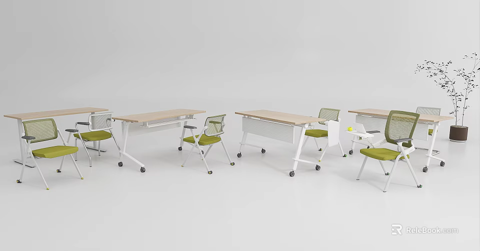 Desk and Chair Set with Light Tables Green Mesh Chairs on Wheels for Office Use 3d model 