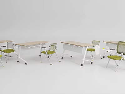 Desk and Chair Set with Light Tables Green Mesh Chairs on Wheels for Office Use 3d model