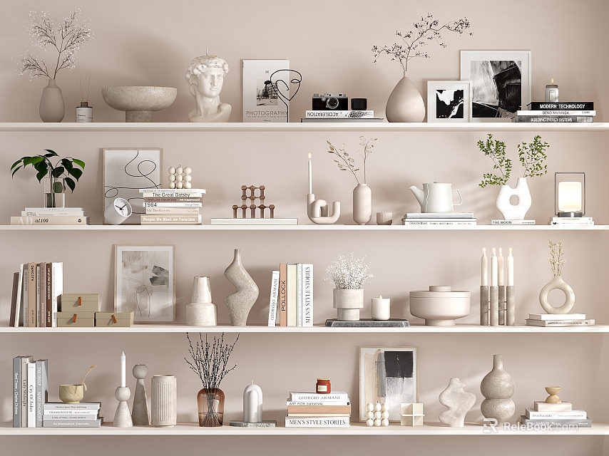 Minimalist Decorative Ornament Set On Shelves With Vases Sculptures Frames Books And Plants 3d model 