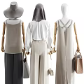 Fashion Models Wearing Sleeveless Beige Dresses White Blouses Gray Wide Leg Pants With Handbags